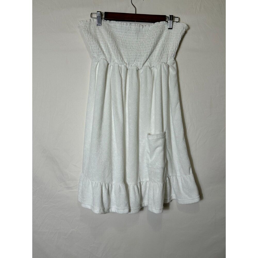 Women's Swim Cover Up Ruched Top Terrycloth Pockets, Mini Dress, Size M